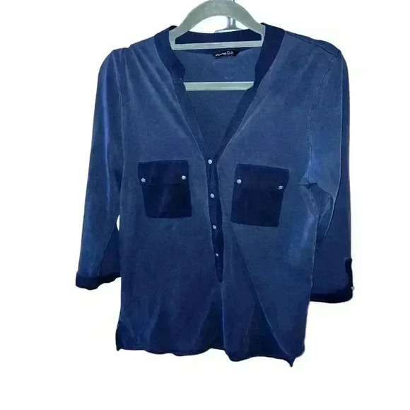 Massimo Dutti women dark blue Sz M Plunge Long Sleeve Casual Coastal - Picture 1 of 5